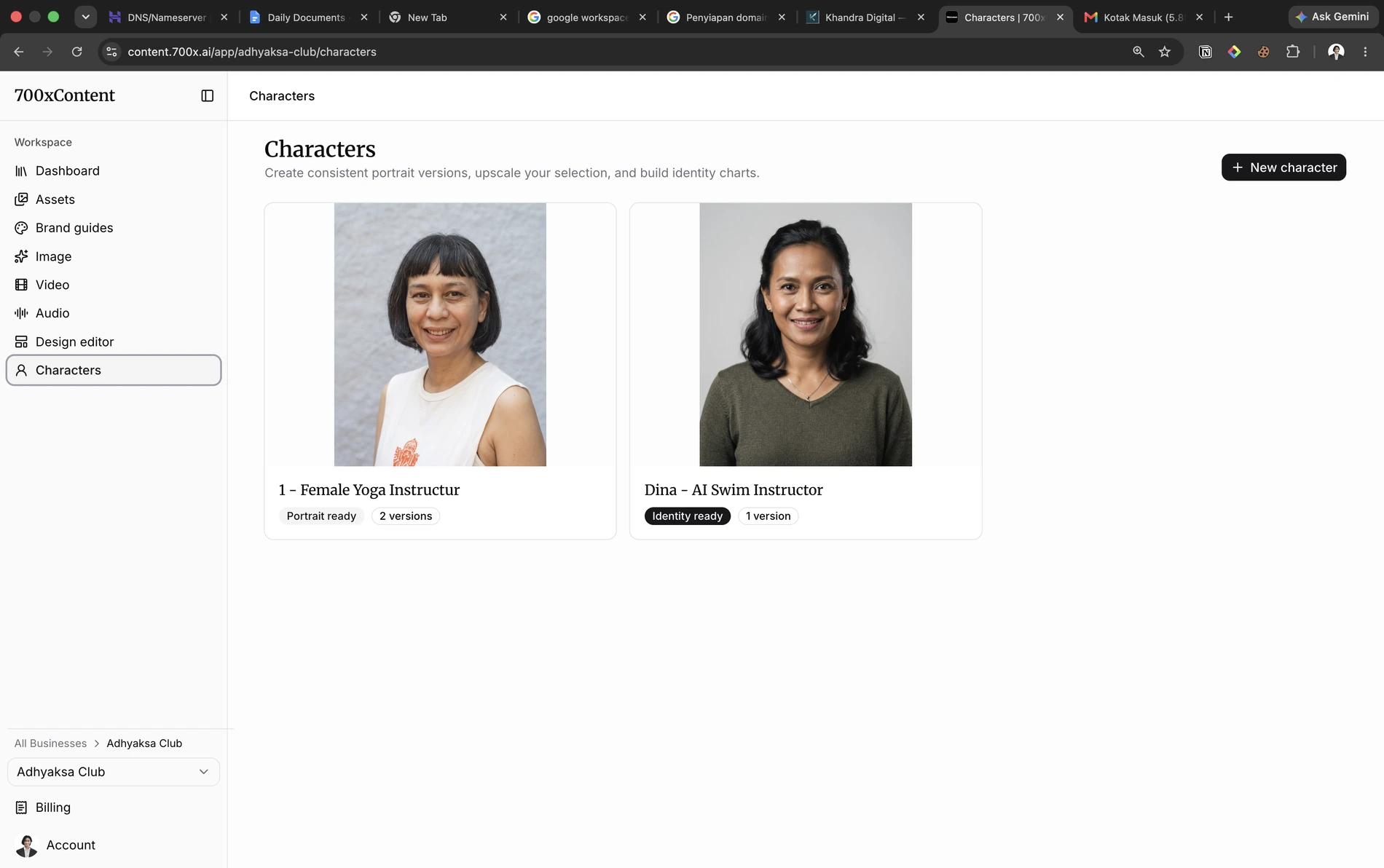 700xContent character workspace showing portrait and identity tools